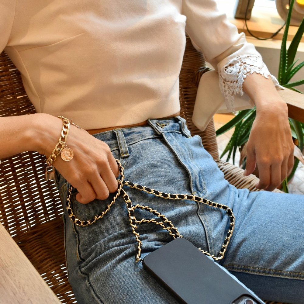 Luxury Black iPhone Case with Gold Chain Crossbody Shoulder Lanyard Sling
